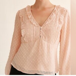 Sezane Mirta Blouse Swiss Dot Flirty Romantic Peachy/Pink  Ruffle Blouse Size 36